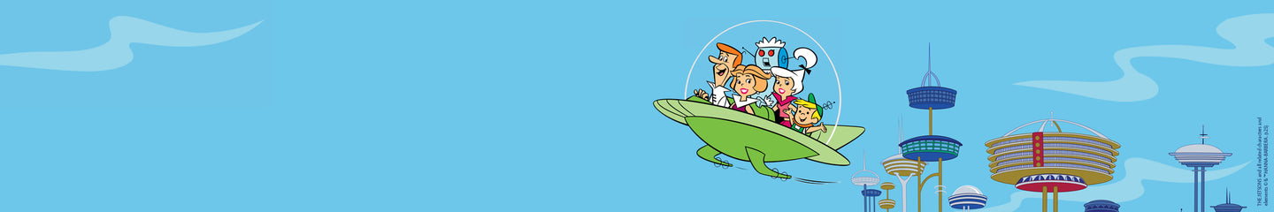 Illustration of the Jetsons family—George, Jane, Judy, Elroy, their dog Astro, and robot maid Rosie—flying in a green space car against a blue sky. Futuristic buildings from their city are visible in the background.