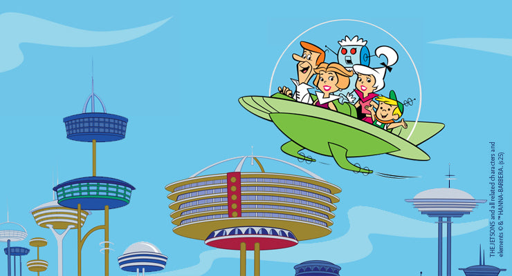 Illustration of the Jetsons family—George, Jane, Judy, Elroy, their dog Astro, and robot maid Rosie—flying in a green space car against a blue sky. Futuristic buildings from their city are visible in the background.