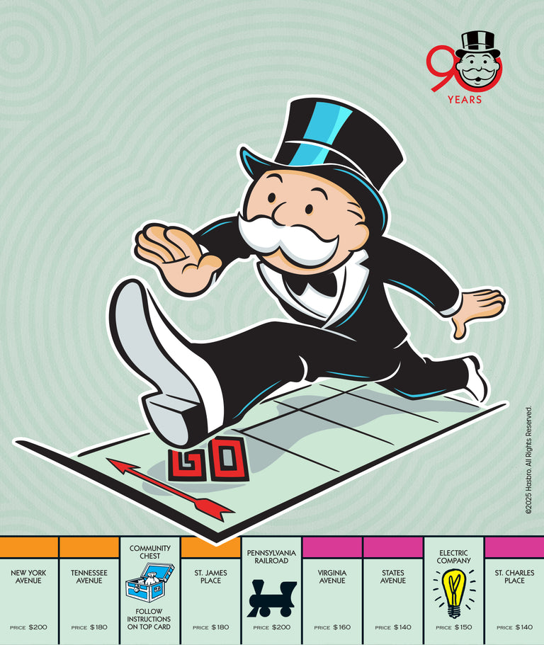 Illustration of the Monopoly mascot, Rich Uncle Pennybags, running over the ‘GO’ square of a Monopoly board. He is wearing his iconic black top hat, tuxedo, and bow tie. The image celebrates 90 years of Monopoly, shown by a red ‘90 YEARS’ logo with his face inside the number 0.