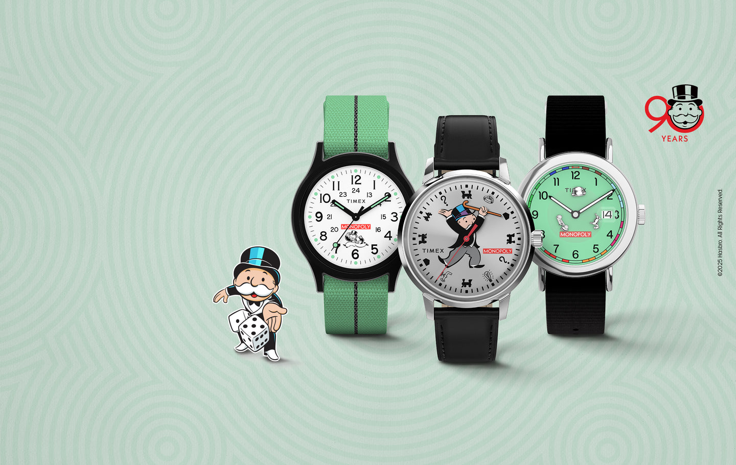 Three Timex x Monopoly collaboration watches displayed side by side against a mint green patterned background. From left to right: a black-cased watch with a green strap featuring the Monopoly logo and Mr. Monopoly illustration, a silver-cased watch with a black leather strap showing Mr. Monopoly as the central character on the dial, and a silver-cased watch with a mint green dial and black strap. The Monopoly mascot and “90 Years” logo appear beside the watches, celebrating the game’s 90th anniversary.