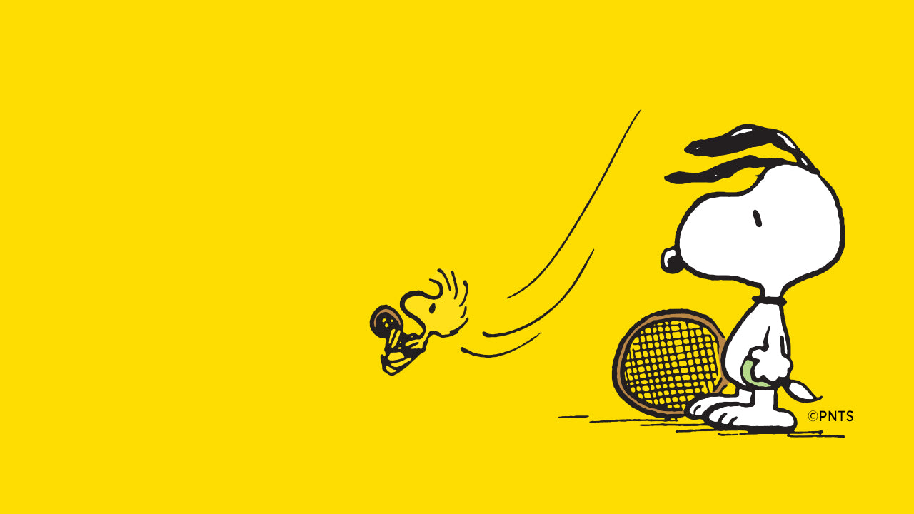 Illustration of Snoopy preparing to serve a tennis ball with Woodstock flying nearby on a bright yellow background, representing the playful Peanuts tennis theme featured in the Timex x Snoopy collaboration.
