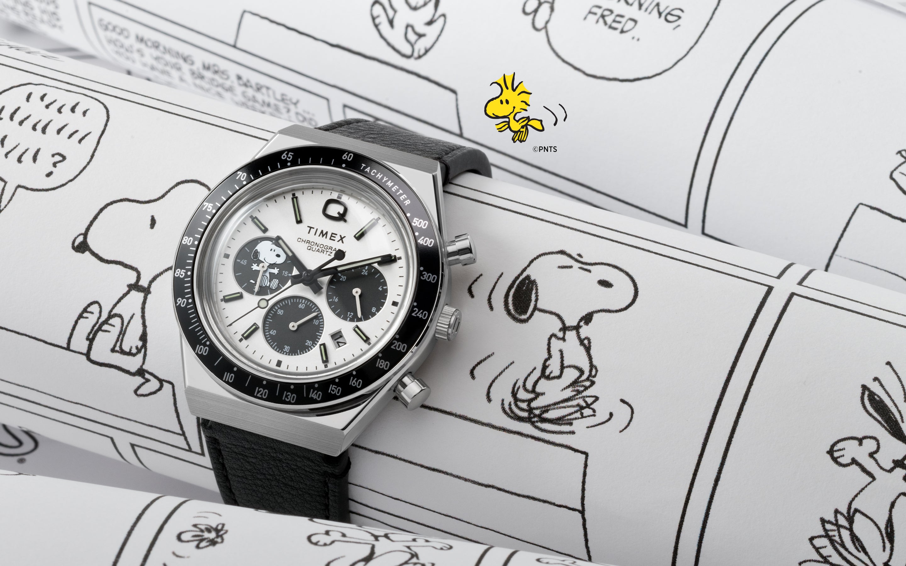 TIMEX x PEANUTS クロノグラフ腕時計　保証書付き Q Timex Chronograph x Peanuts Snoopy 40mm Leather Strap Watch