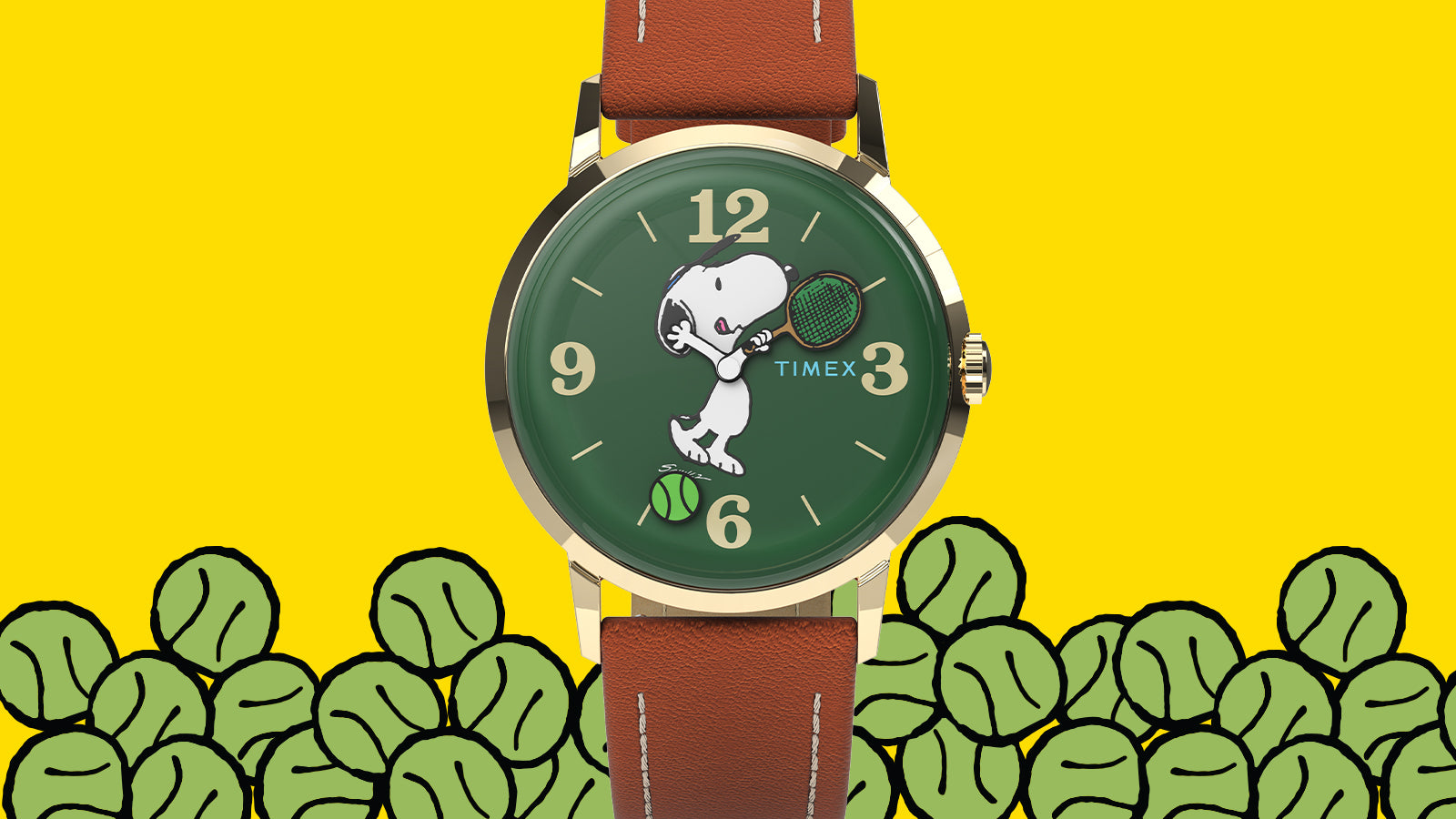 Front-facing Timex Marlin® Hand-Wound x Snoopy Tennis watch on a vibrant yellow background surrounded by illustrated green tennis balls. The watch features Snoopy mid-swing on the green dial with gold-tone numerals and a brown leather strap.