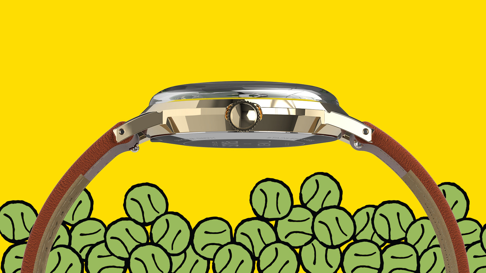 Side view of the Timex Marlin® Hand-Wound x Snoopy Tennis watch showing its gold-tone case, domed crystal, and brown leather strap against a playful background of illustrated tennis balls.