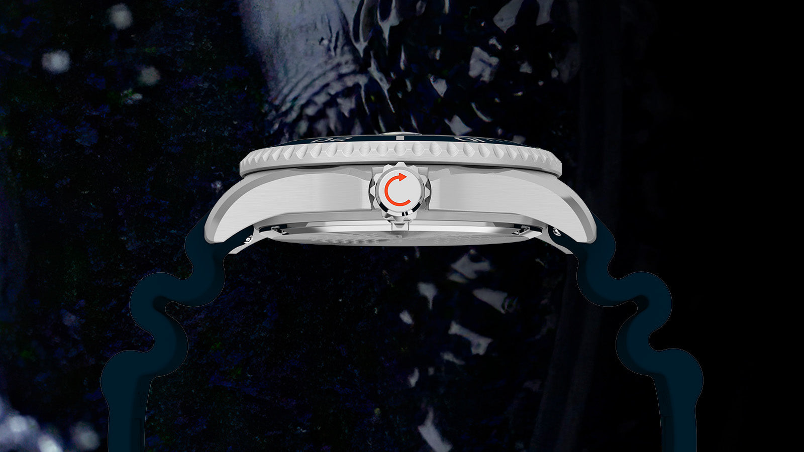 Side profile of the Timex Deepwater Meridian 200 showing the brushed stainless steel case, ridged bezel, and red arrow logo on the crown, symbolizing rotation and durability.