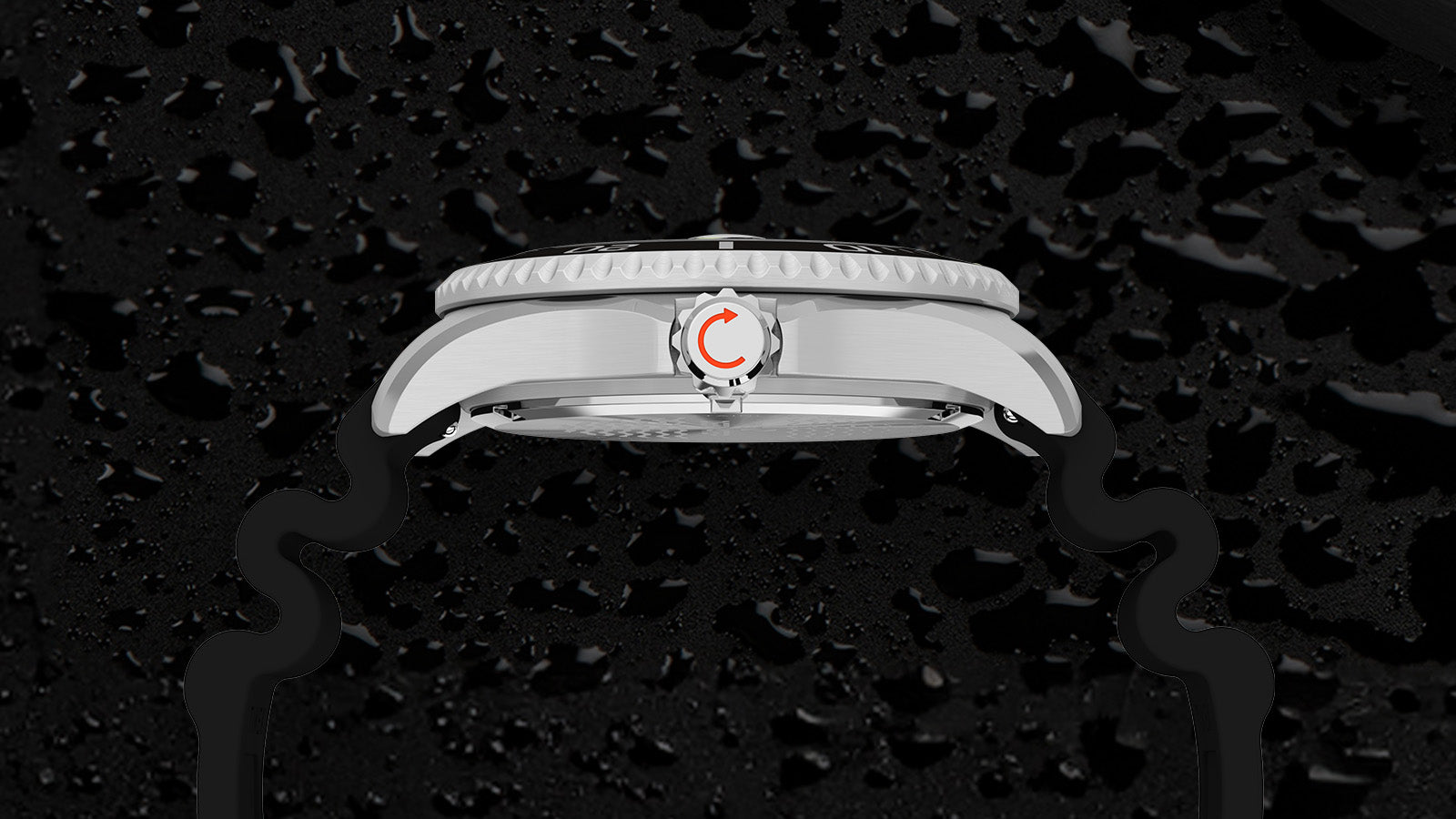 Side profile of the Timex Deepwater Meridian 200 showing its brushed stainless-steel case, screw-down crown with red arrow detail, and contoured silicone strap.