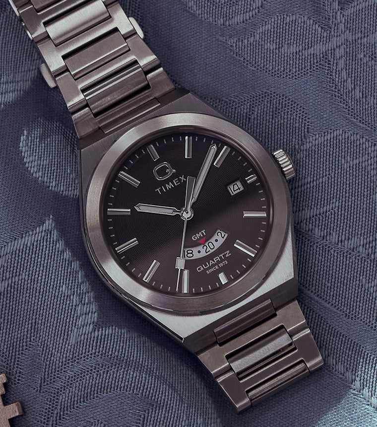 Q Timex® Continental GMT 39mm Stainless Steel Bracelet Watch