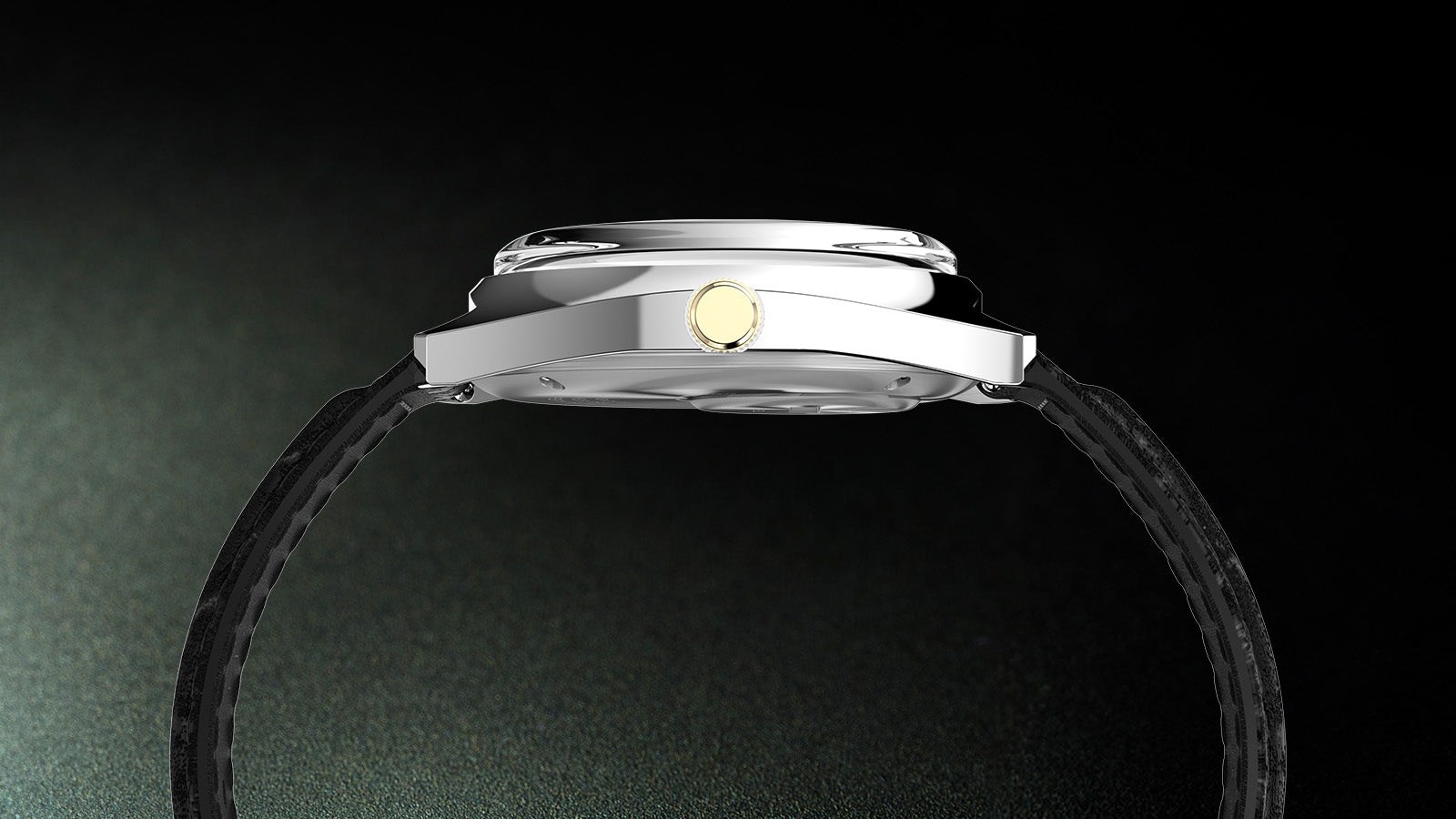 Side profile of the Q Timex® 1978 Day/Date watch showing its slim stainless steel case, domed crystal, and gold-tone crown against a dark gradient background.