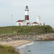 A coastal lighthouse with red-roofed buildings, grassy hill, and rocky shoreline along the ocean.
