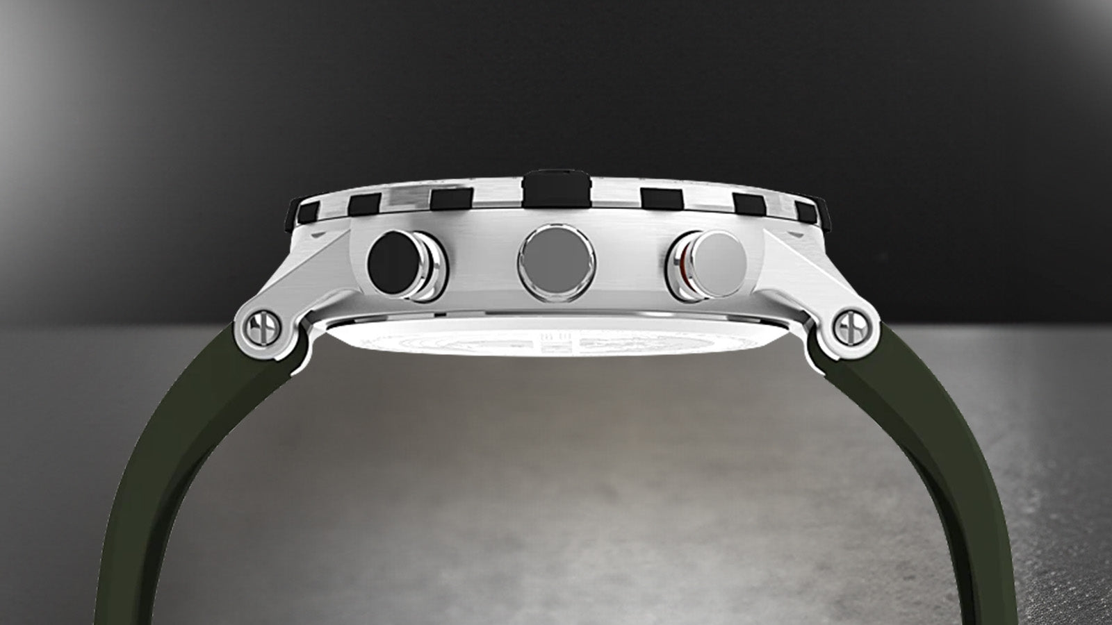 Side profile of the Timex Expedition Tide-Temp-Compass watch, showing its brushed stainless-steel case, three pushers and crown, and a green silicone strap.