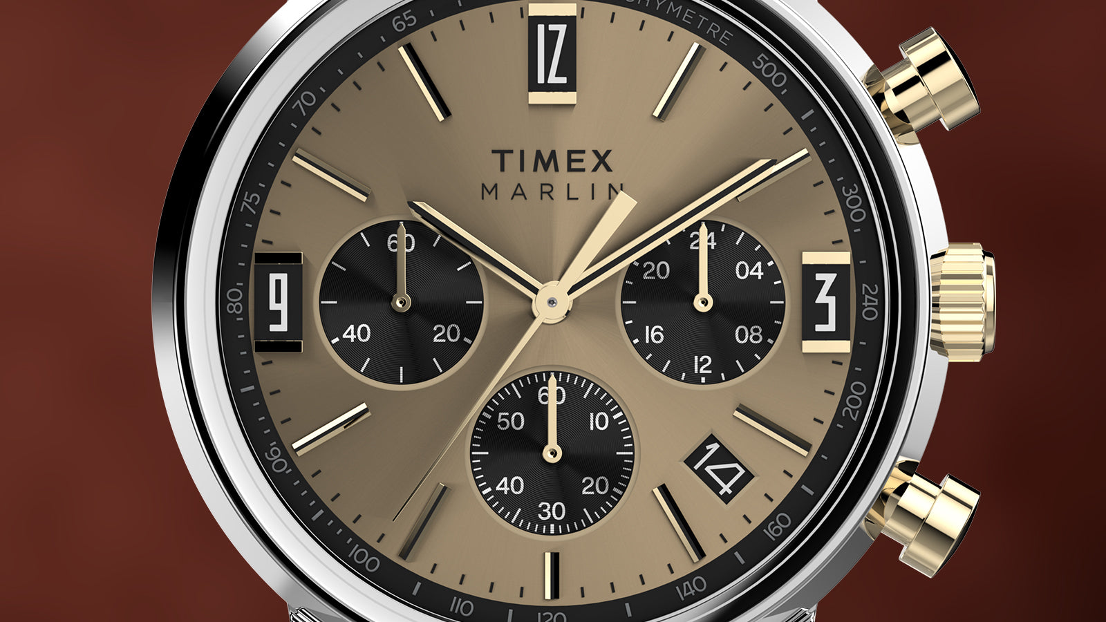 Close-up of Timex Marlin Chronograph Tachymeter dial showing champagne finish, black subdials, tachymeter scale, and gold accents.