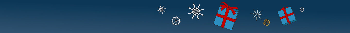 Illustration of two blue gift boxes tied with red ribbons floating across a dark blue gradient background with snowflakes and gear motifs.