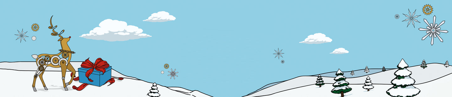 Illustrated winter landscape featuring a mechanical reindeer beside a blue gift box with a red bow, snowy hills, pine trees, clouds, and snowflake gears in the sky.