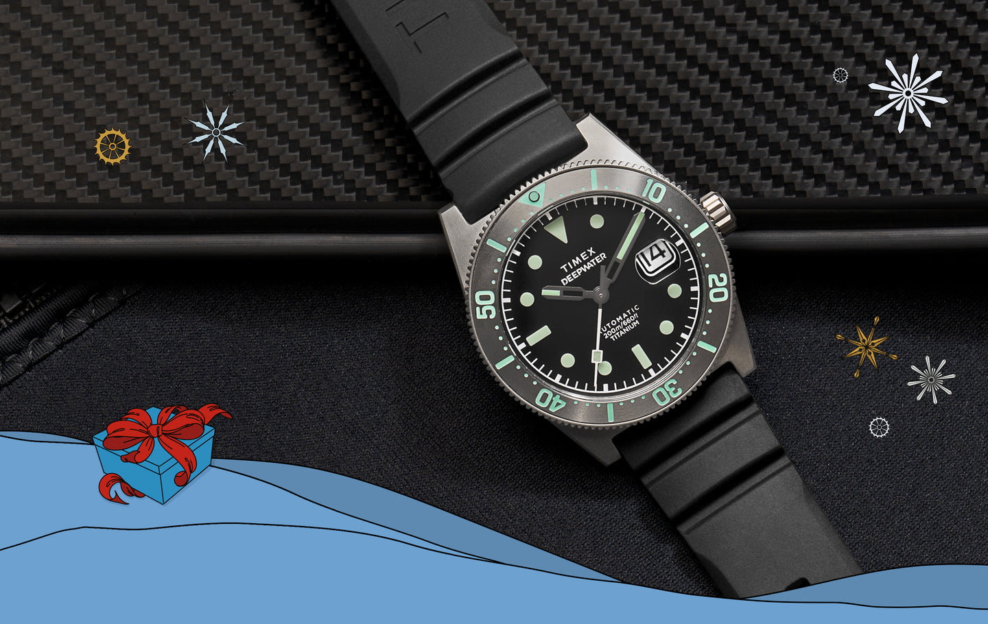 Timex Deepwater Reef automatic dive watch with a black dial, luminous hour markers, date window, and titanium case, shown on a black rubber strap against a textured dark background with subtle holiday graphic accents.