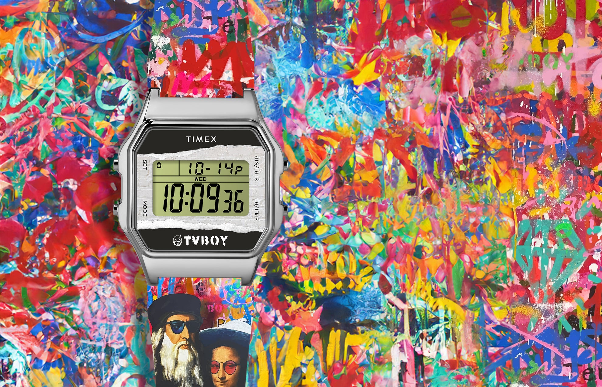 Timex T80 x TVBOY digital watch with a colorful graffiti-style strap and a silver-tone rectangular case. The LCD display shows the Timex and TVBOY logos, set against a vivid, abstract background of layered spray-paint art symbolizing street creativity and modern culture.