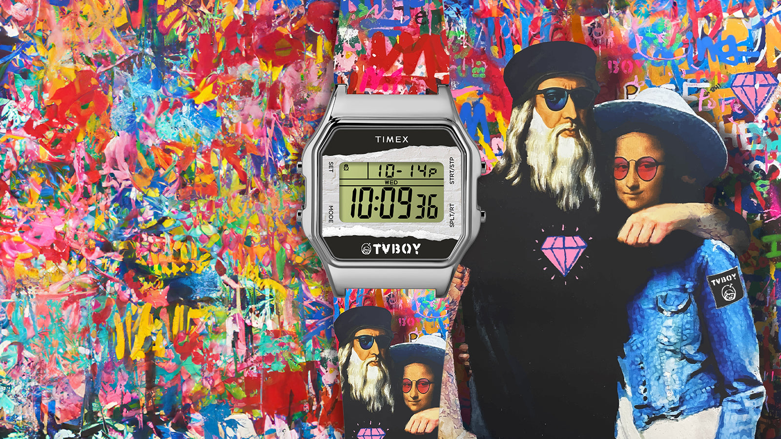 Timex T80 x TVBOY watch featuring a multicolor graffiti strap and silver digital case displayed against a vibrant urban art background. The strap design includes TVBOY’s signature characters inspired by modern pop culture.