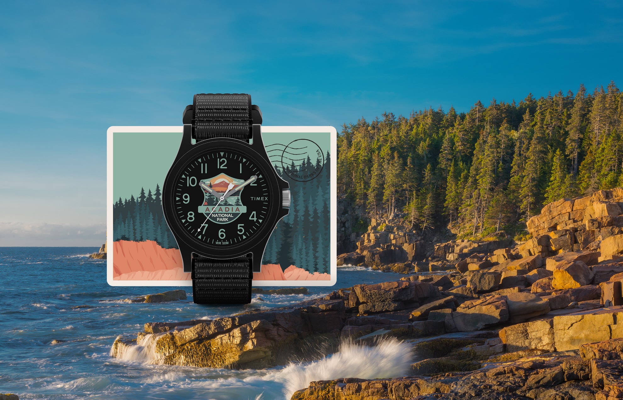 Timex Acadia National Park watch with a black case and strap, featuring a colorful mountain and forest dial design, displayed over an illustrated postcard background with a rocky coastal scene.