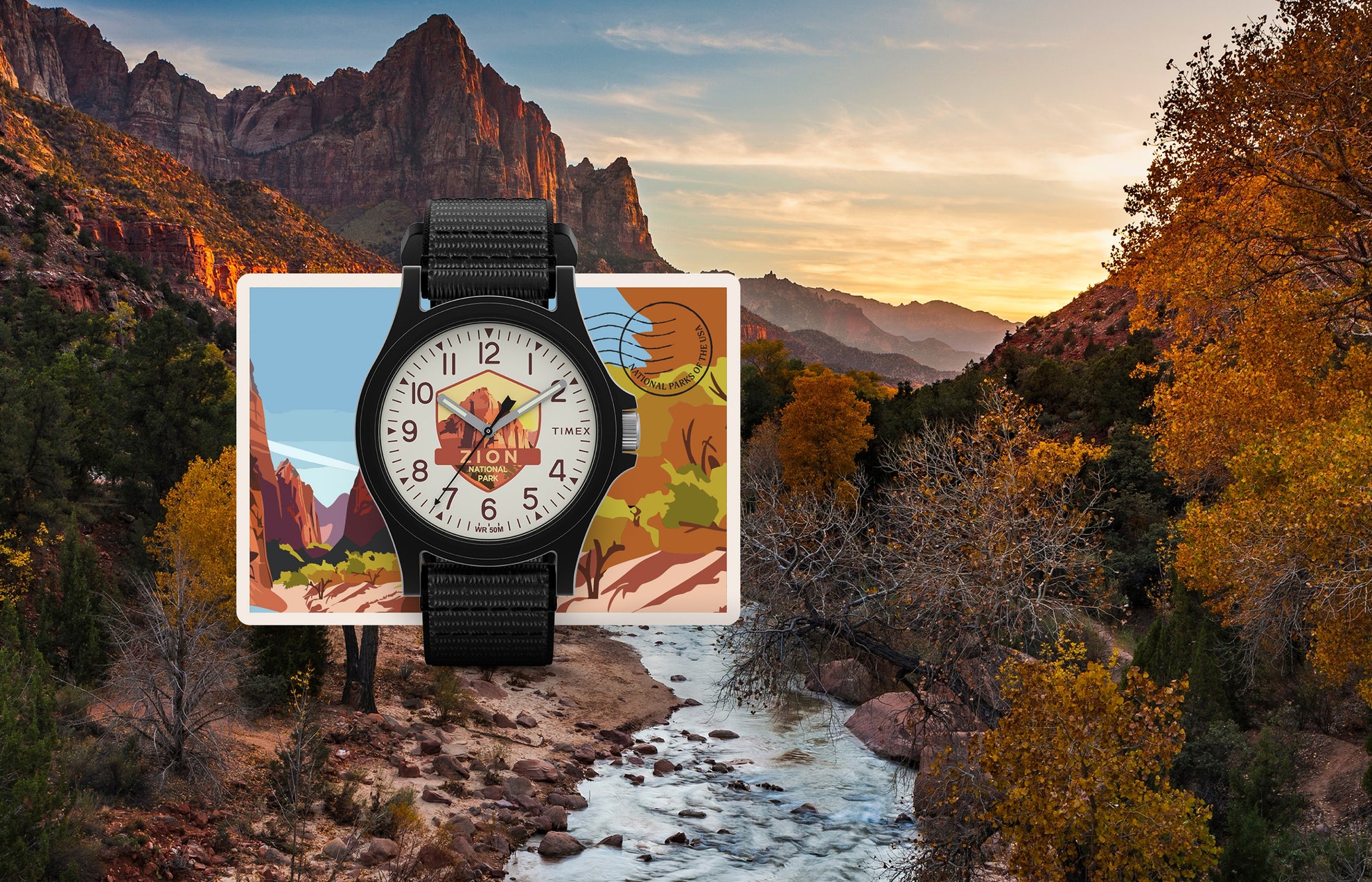 Timex Zion National Park watch with black case and strap, featuring a desert canyon dial design, displayed over a postcard-style background with red cliffs and a flowing river at sunset.