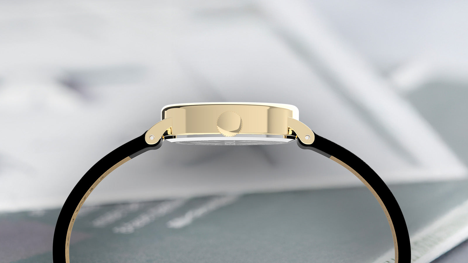 Side view of the TIMEX® Cavatina watch showing its slim gold-tone case and minimalist black leather strap.