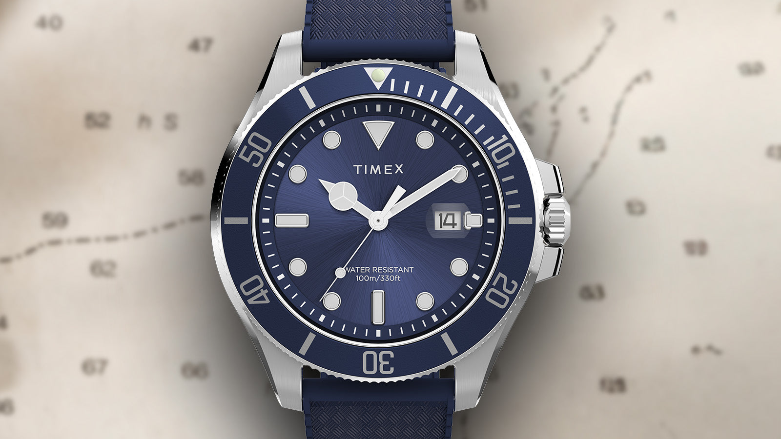 Front view of the Timex Harborside Coast watch with a blue dial, bezel, and textured blue strap, displayed against a nautical map background.