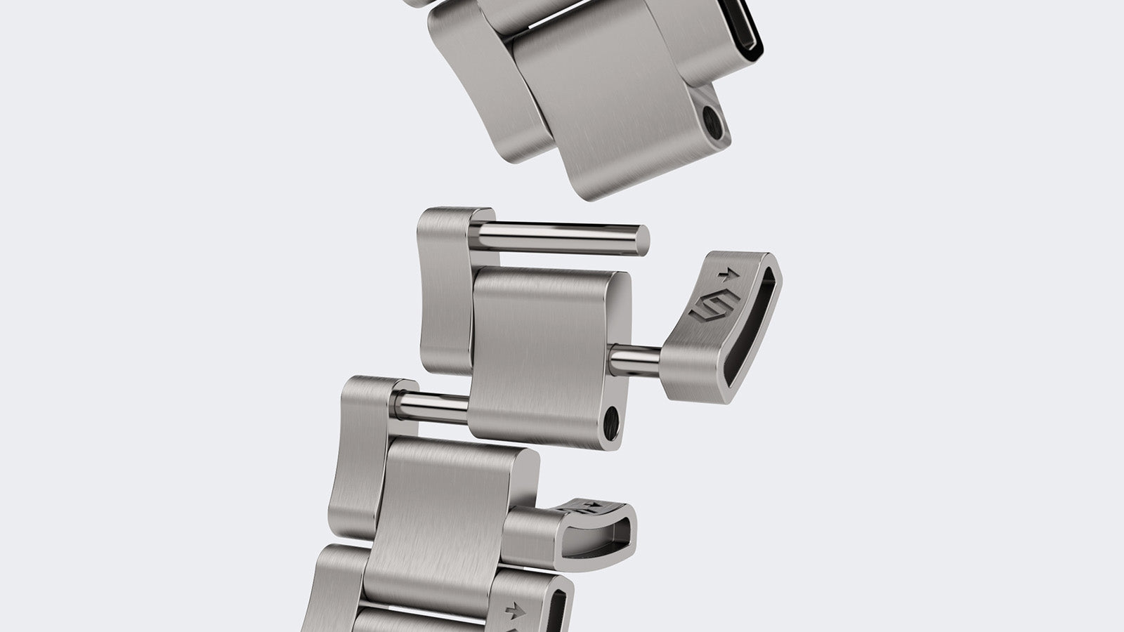 Close-up of the titanium bracelet links and pin system of the Timex Giorgio Galli S2Ti watch, highlighting the precision-engineered construction.