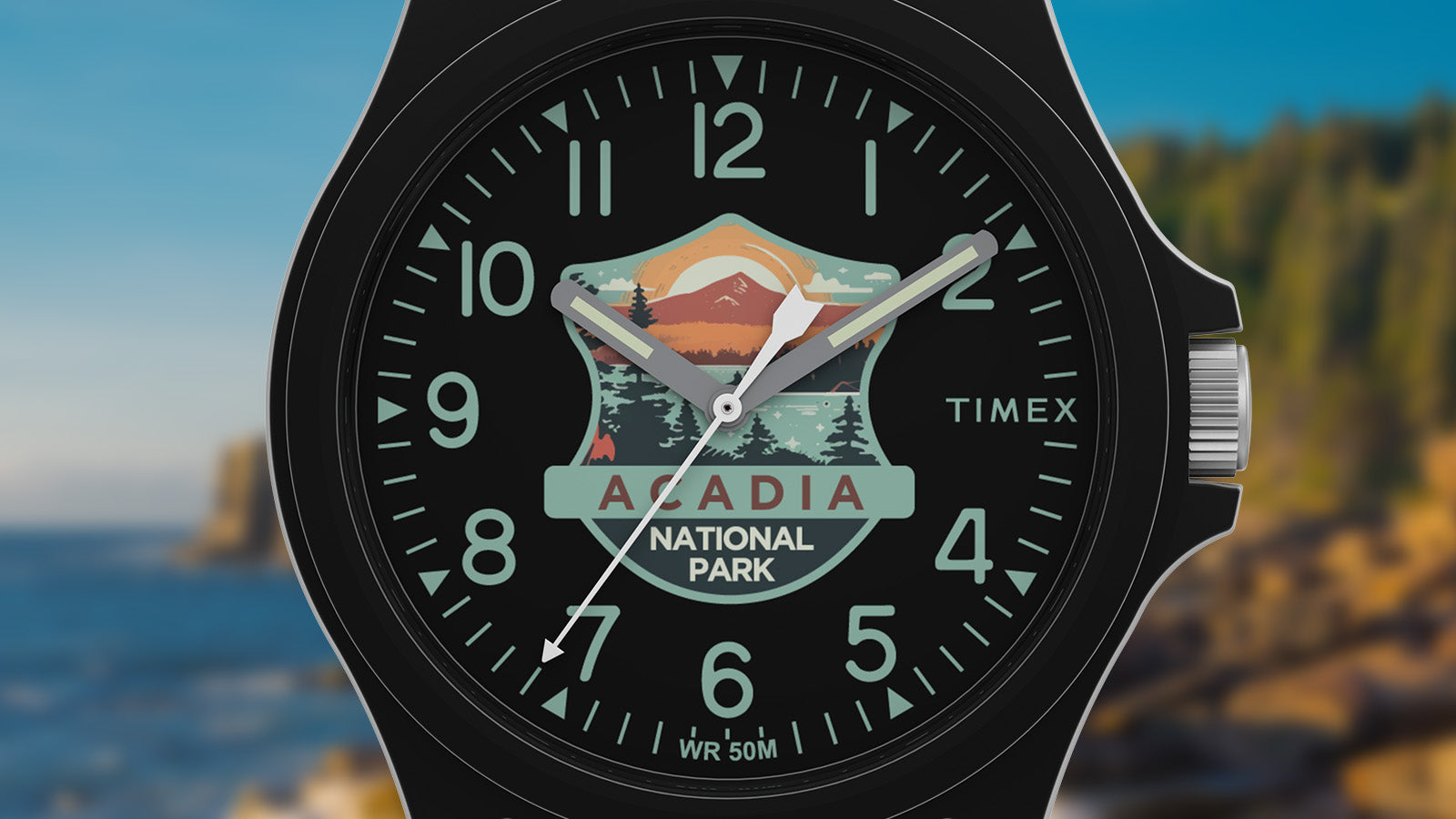Close-up of the Timex Acadia National Park watch face with mountain and forest artwork in the center, bold numerals, and luminous hands against a black dial.