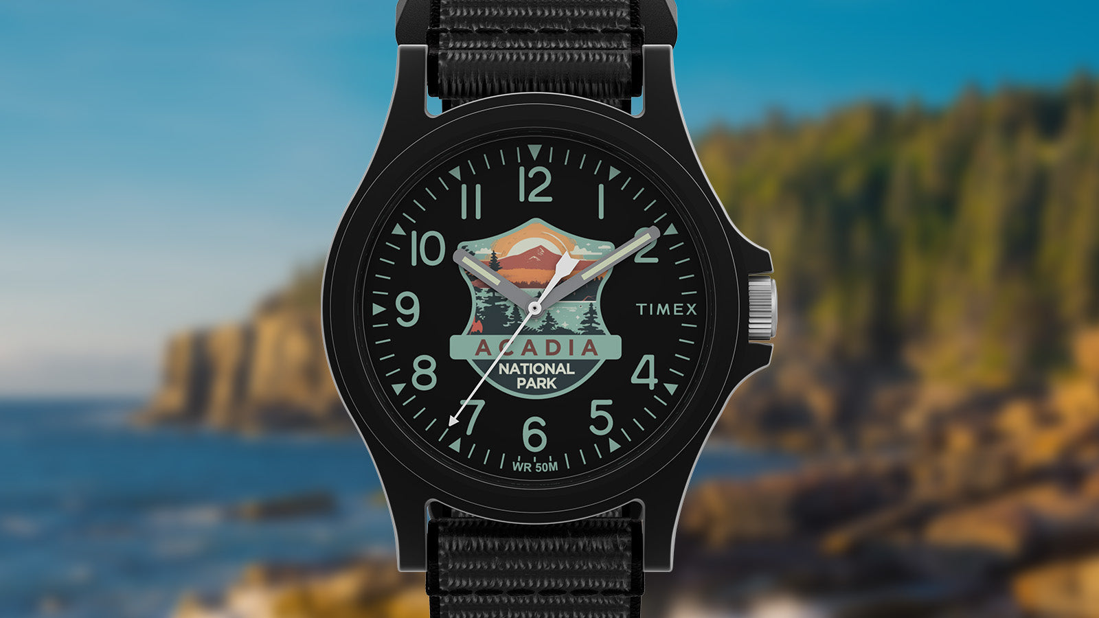 Front view of the Timex Acadia National Park watch showing its black dial with nature-inspired artwork and durable black strap, set against a scenic coastal backdrop.