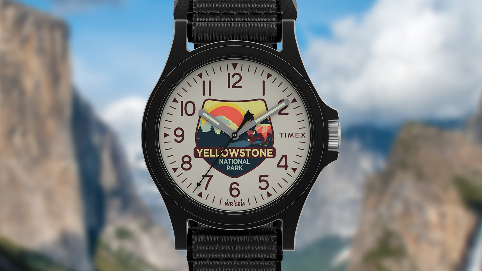 Front view of the Timex Yellowstone National Park watch with a dial inspired by the park’s wilderness, featuring a bison silhouette under a setting sun.