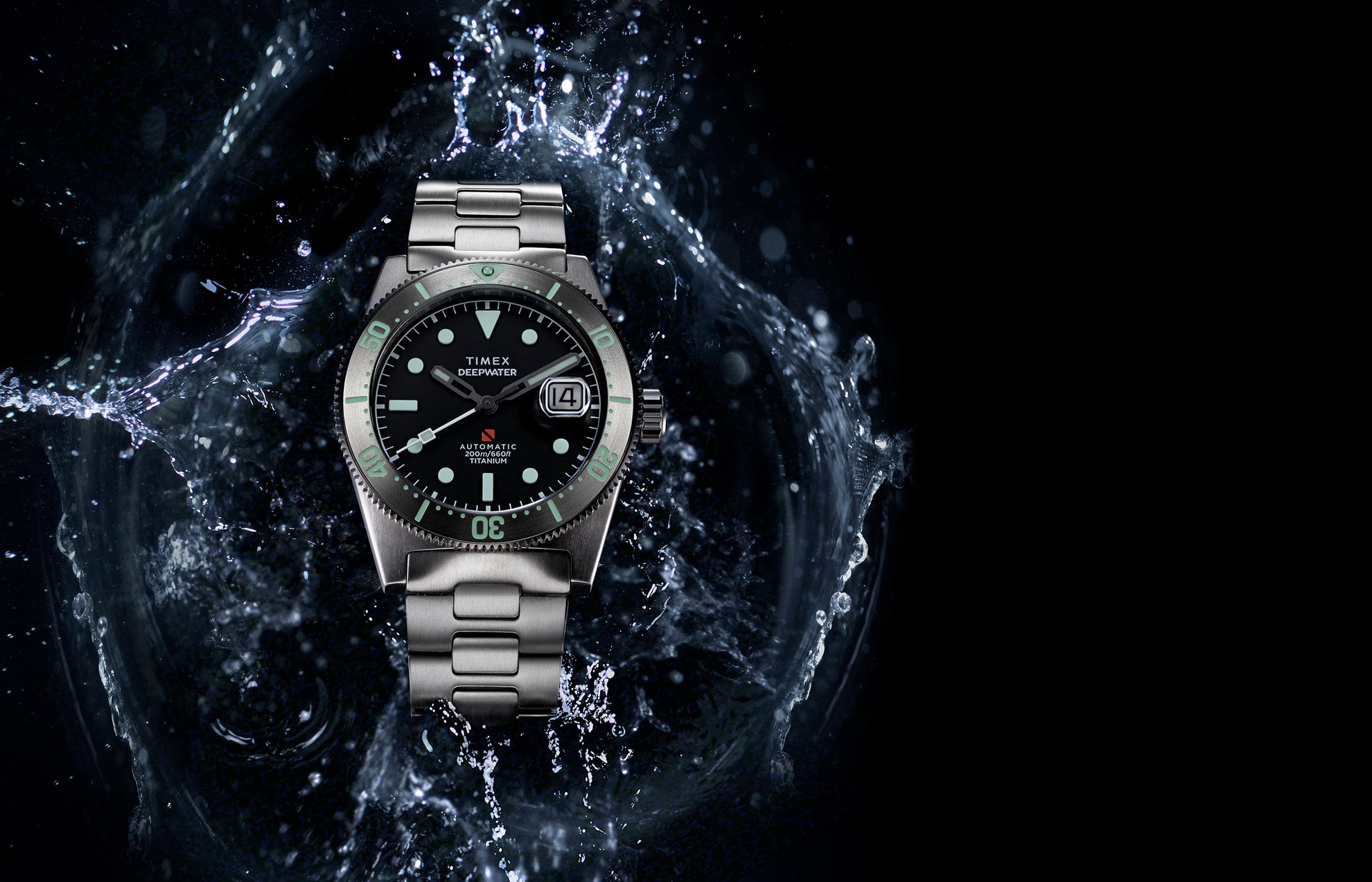 Timex Deepwater Reef 200 Titanium watch with a black dial and aqua lume markers, shown against a dramatic backdrop of splashing water.
