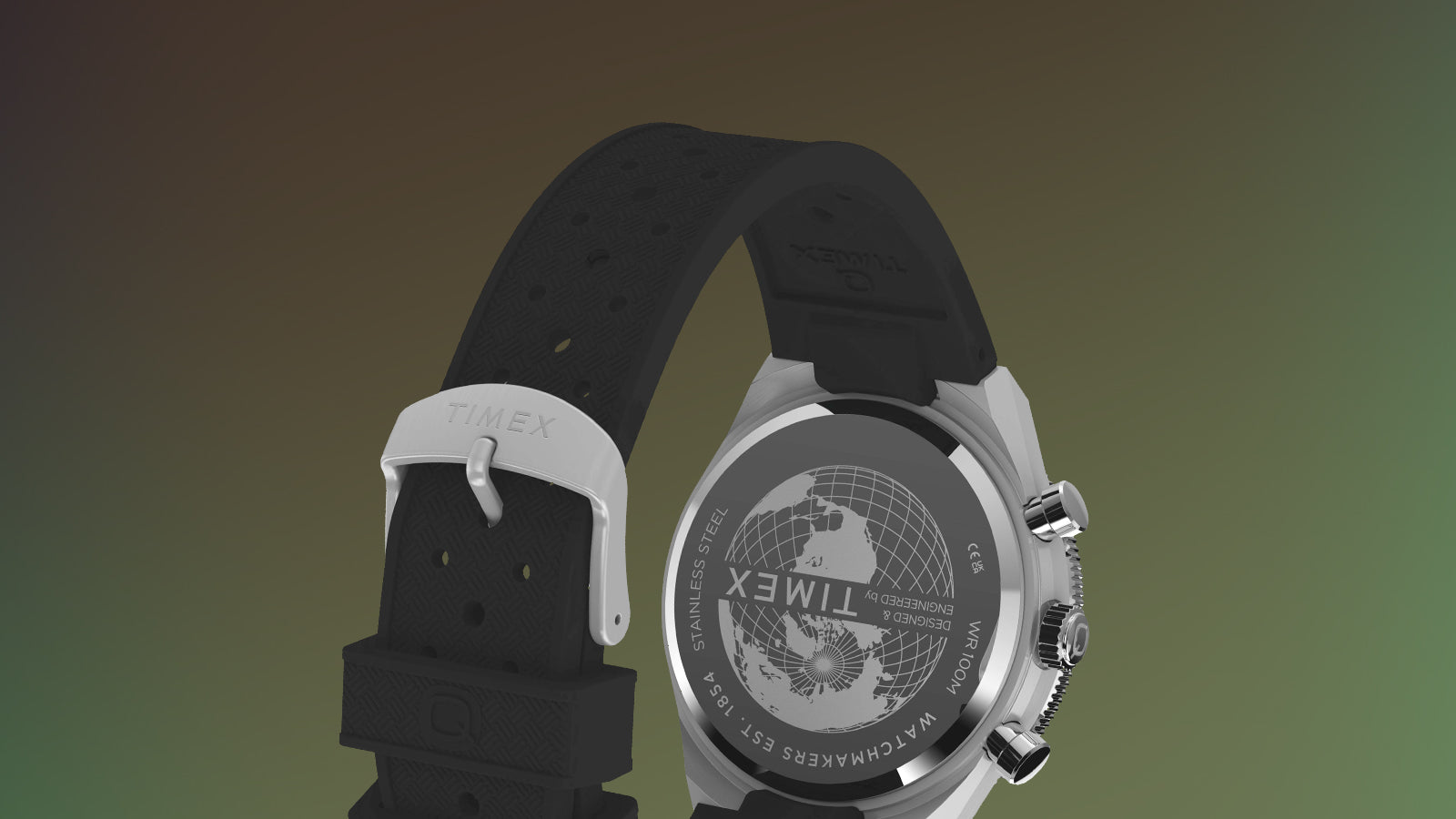 Rear view of the Q Timex® Continental Chronograph showing the stainless steel caseback with world map engraving and black rubber strap.