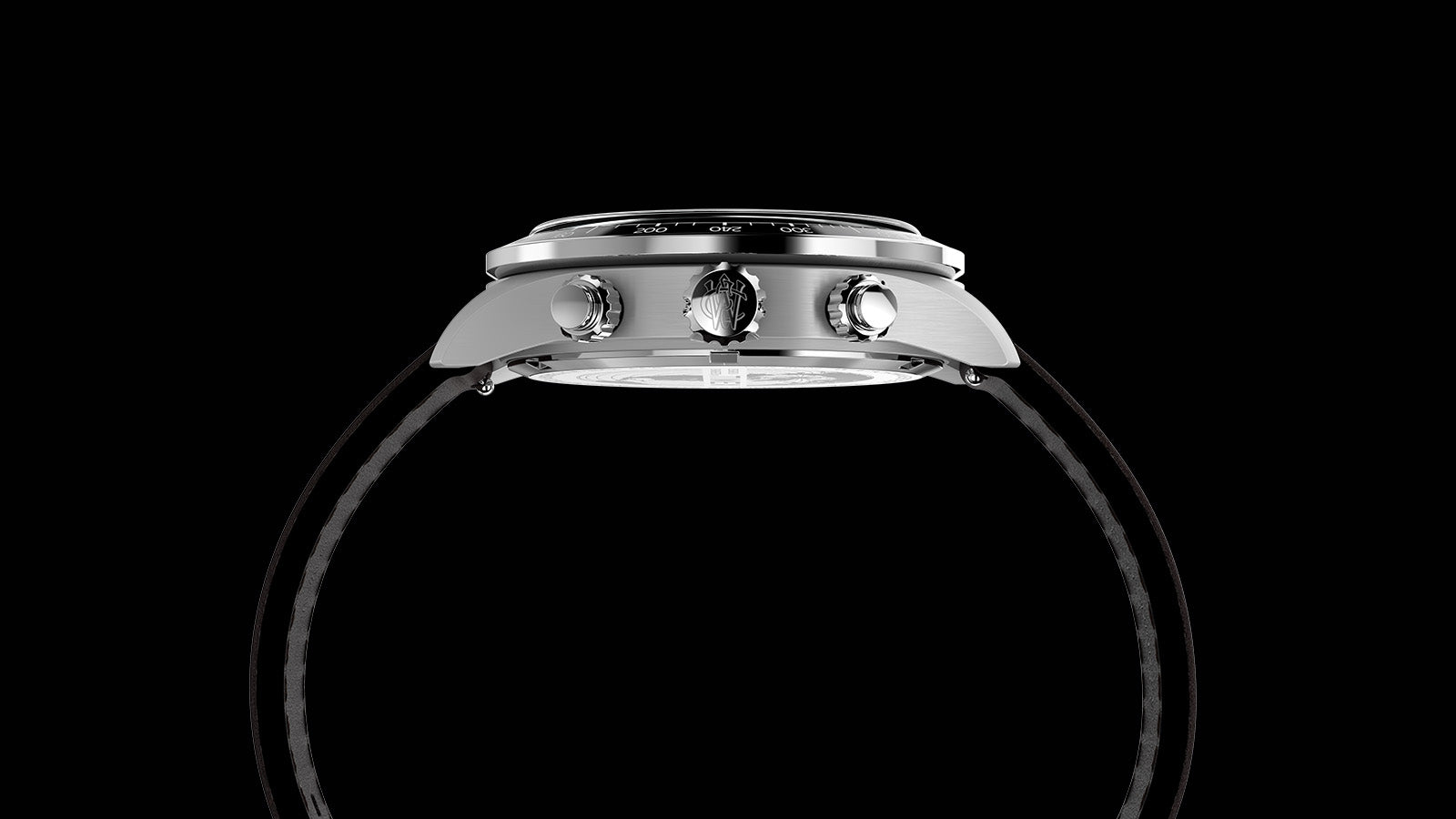 Side profile of Timex Waterbury Heritage Chronograph showing stainless steel case, tachymeter bezel, and chronograph pushers.