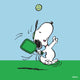 Illustration of Snoopy playing pickleball with green paddle and ball, artwork featured on the Peanuts® x Timex Marlin® Pickleball watch dial.