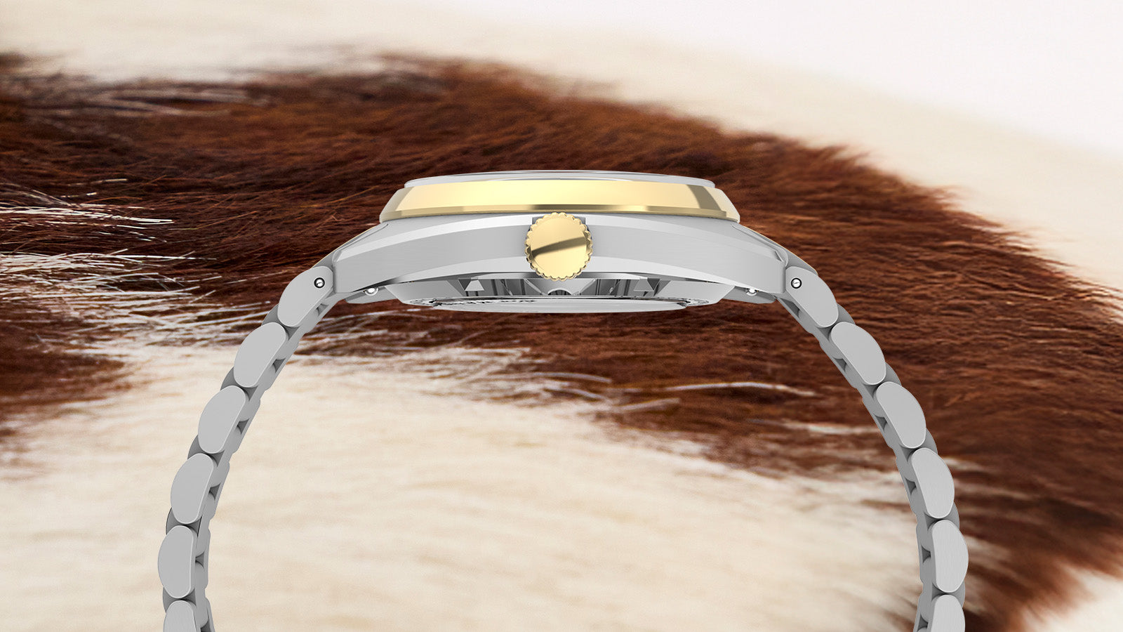 Side profile of the Timex Marlin® Draper Automatic watch highlighting the stainless steel case, gold-tone bezel, crown, and bracelet.