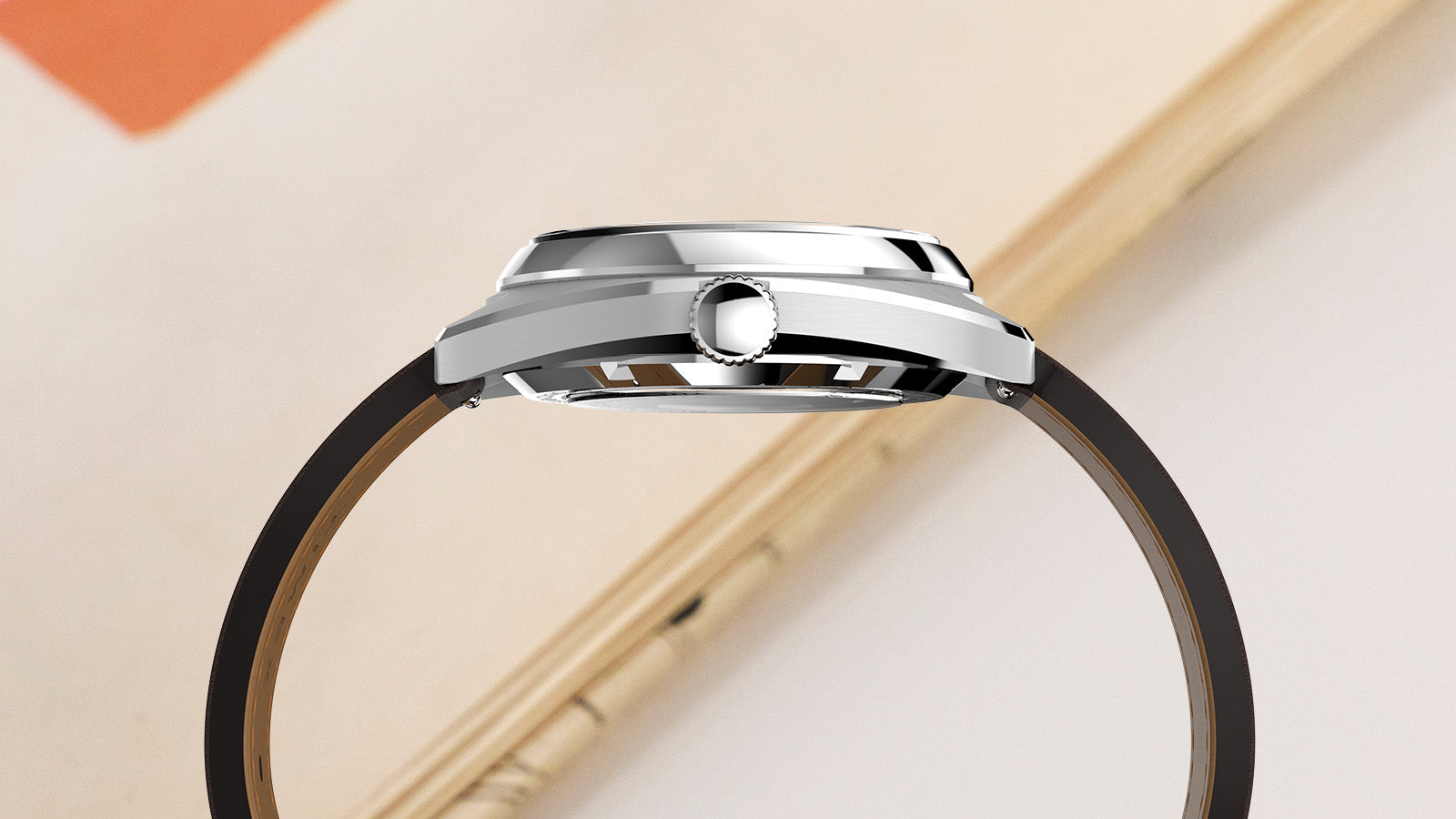 Side profile of the Timex Marlin® Draper Automatic watch showing the stainless steel case, crown, and brown leather strap.