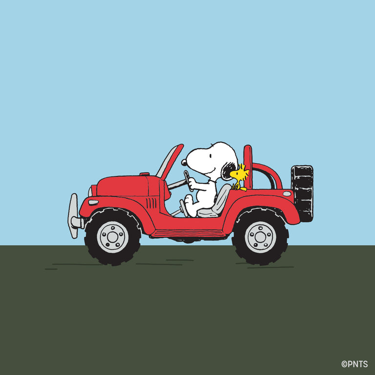 Snoopy driving a red Jeep with Woodstock riding in the passenger seat, official Peanuts® Road Trip artwork featured on the Timex Expedition watch dial.