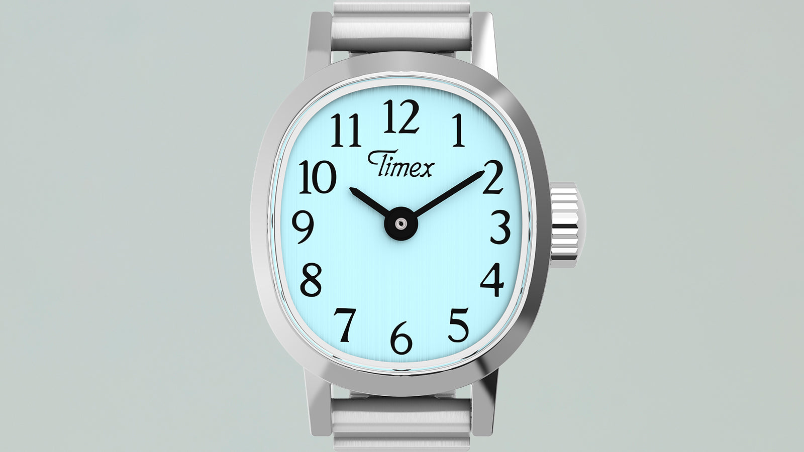Close-up of Timex Cavatina® Mini watch featuring light blue dial, black Arabic numerals, silver-tone rectangular case, and expansion bracelet.