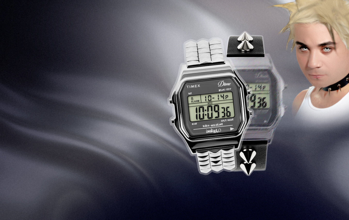 Timex x Dime digital watch with metal bracelet and studded strap detail on a graphic background.