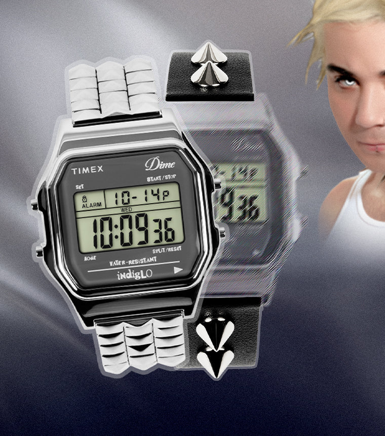 Timex x Dime digital watch with metal bracelet and studded strap detail on a graphic background.