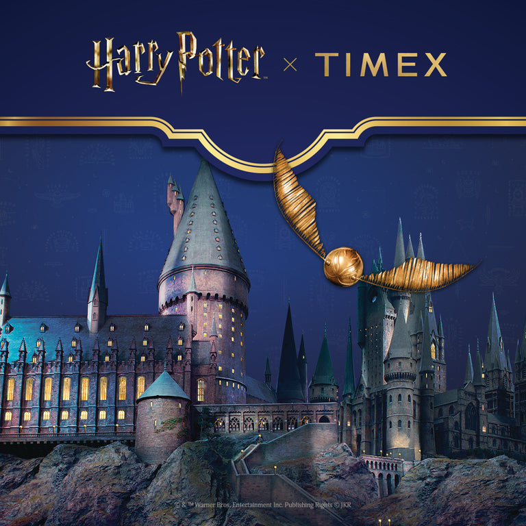 Harry Potter x Timex collaboration graphic featuring Hogwarts castle and Golden Snitch above logo.