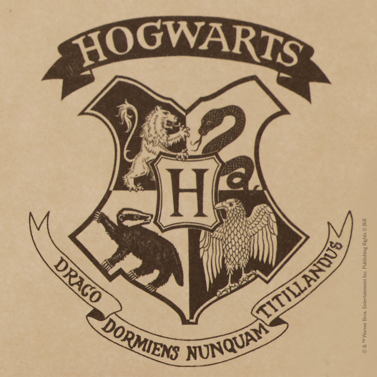 Close-up of Hogwarts crest with house animals and motto Draco Dormiens Nunquam Titillandus.