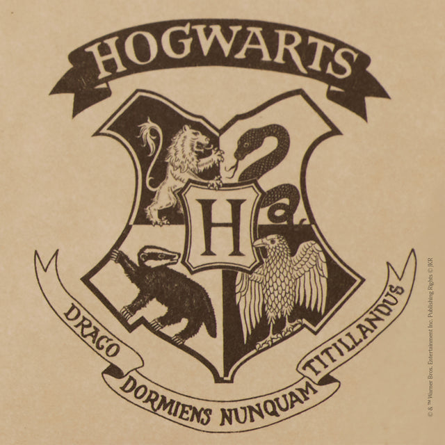 Close-up of Hogwarts crest with house animals and motto Draco Dormiens Nunquam Titillandus.