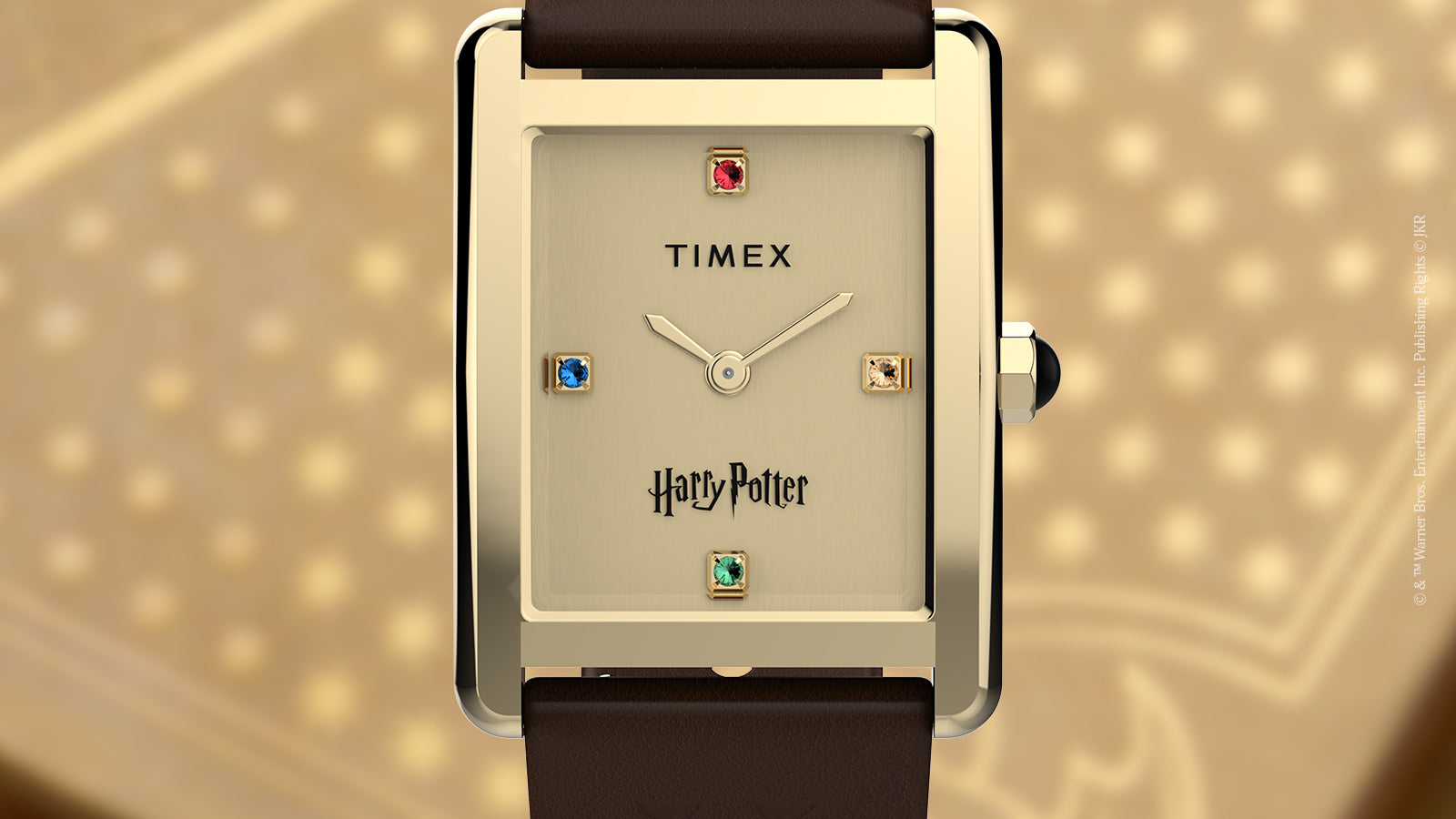 Front view of Harry Potter x Timex Hailey Hogwarts watch showing gold-tone rectangular case and Harry Potter logo on dial.