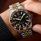 Timex Deepwater Arctic two-tone watch worn on wrist with burgundy bezel and gold center links