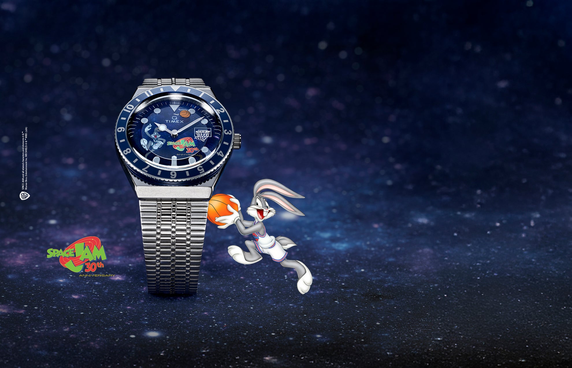 Space Jam x Timex Q 30th Anniversary Timex Q watch with Bugs Bunny dribbling a basketball beside the stainless steel bracelet watch on a cosmic background