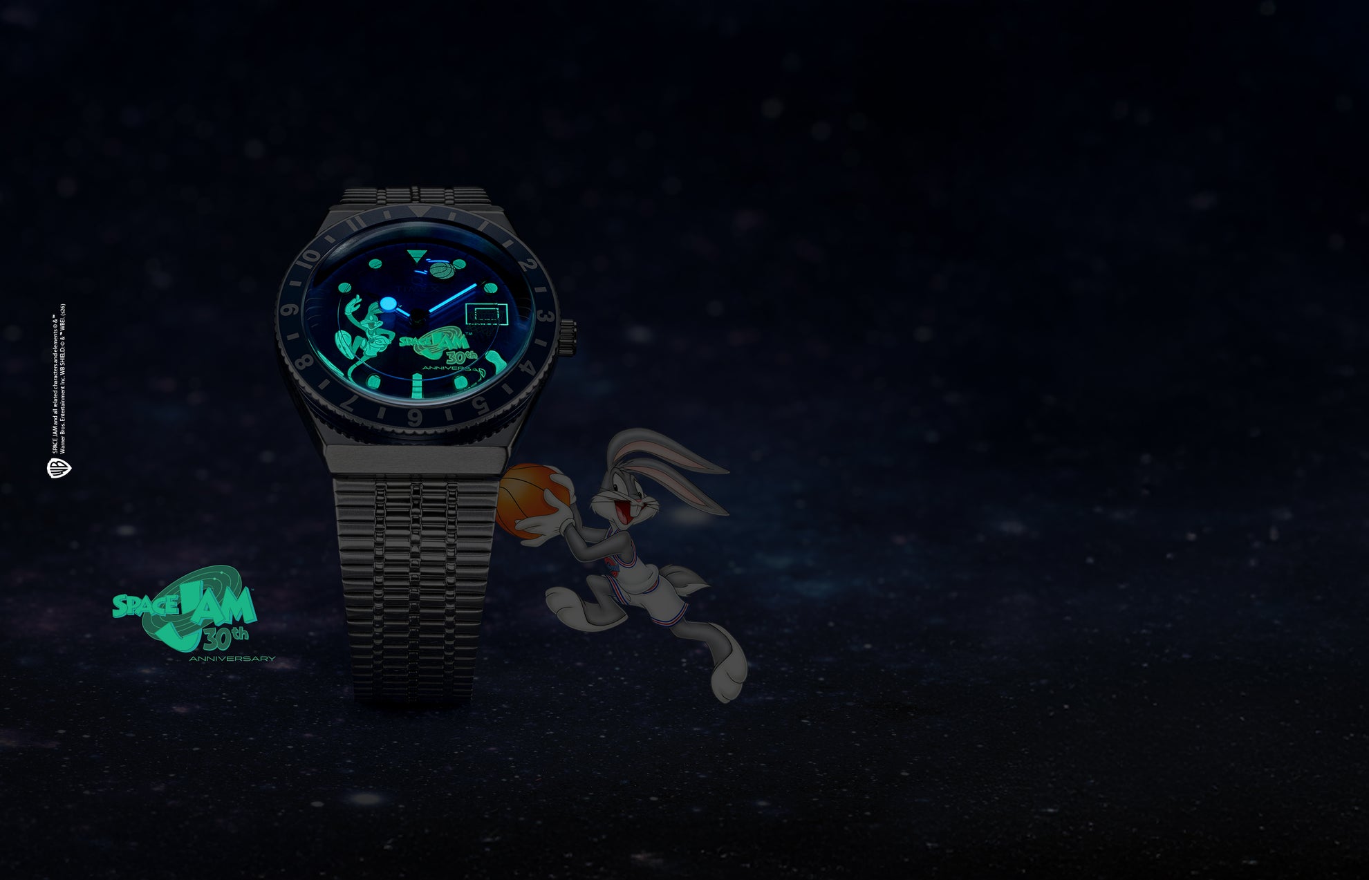 Space Jam x Timex Q 30th Anniversary watch glowing in the dark, featuring Bugs Bunny and basketball hoop on luminous dial against a starry space background