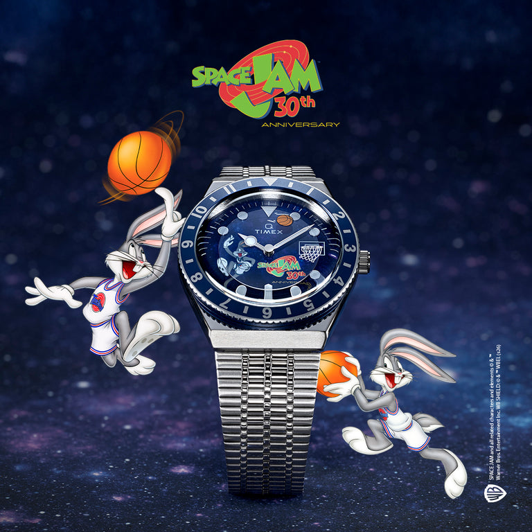 Space Jam x Timex Q 30th Anniversary watch front view featuring blue bezel, Bugs Bunny graphic dial, and stainless steel bracelet