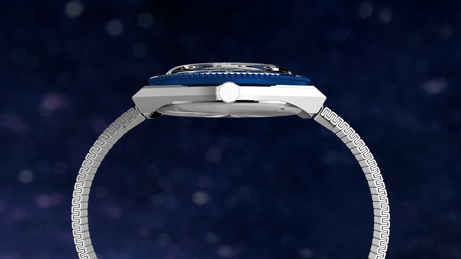 Side profile of Space Jam x Timex Q 30th Anniversary watch showing slim stainless steel case, crown, and flexible expansion bracelet