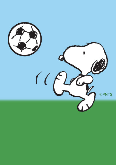 Snoopy kicking a soccer ball on a simple blue sky and green field background