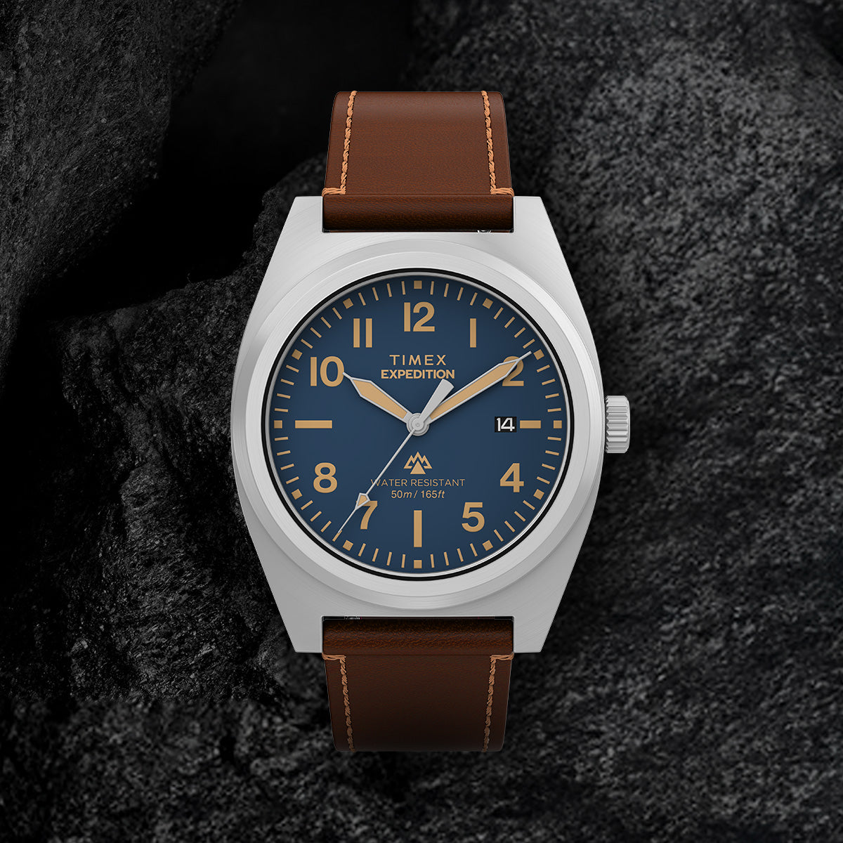 Close-up of Timex Expedition Capstone watch with blue dial, Arabic numerals, and leather strap