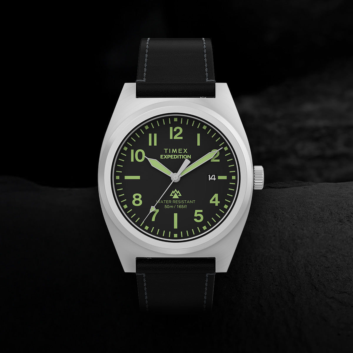 Close-up of Timex Expedition Capstone watch with black dial, Arabic numerals, and leather strap